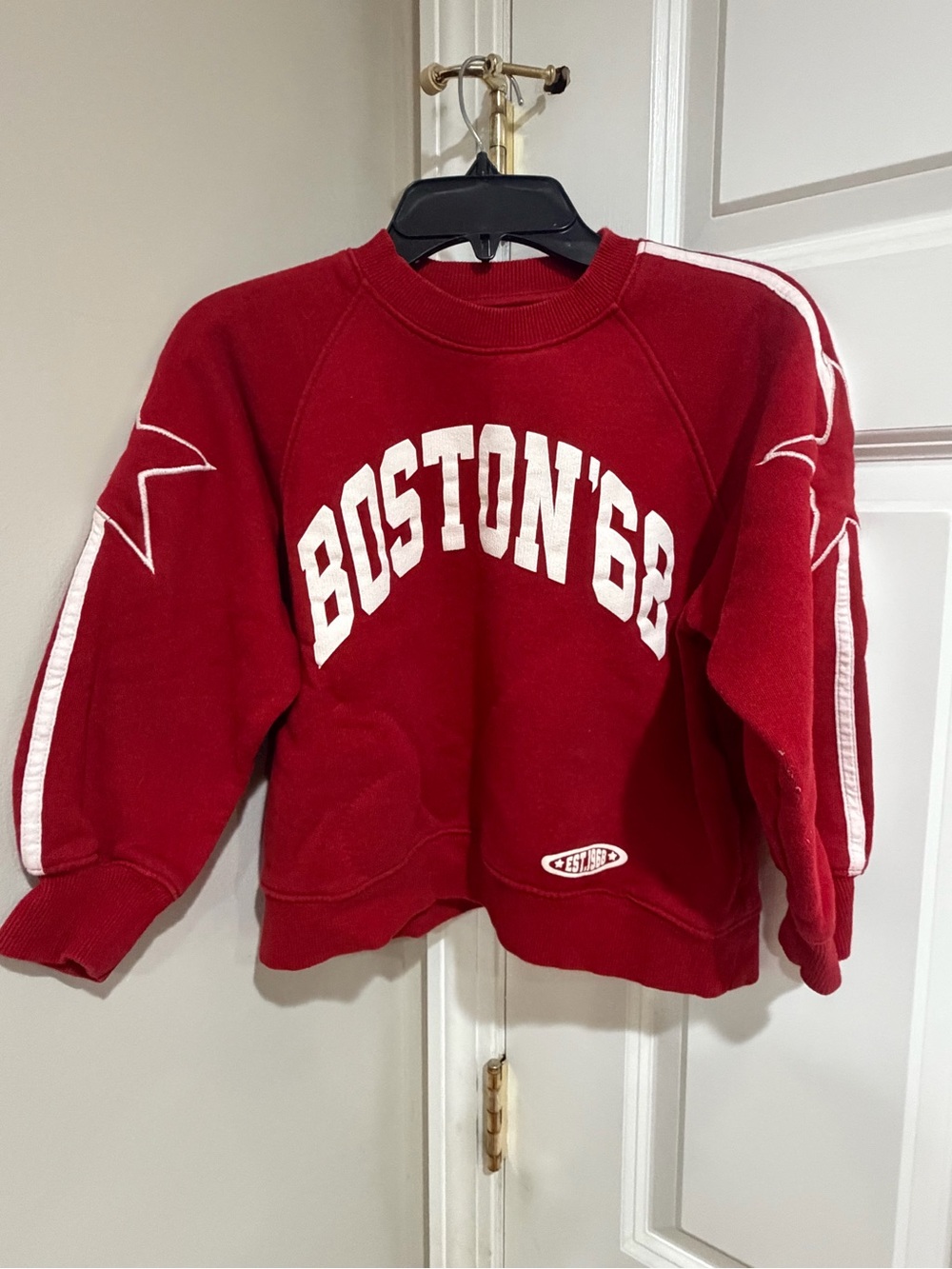 Zara Red Crewneck Sweatshirt with White Athletic Stripe & Stars